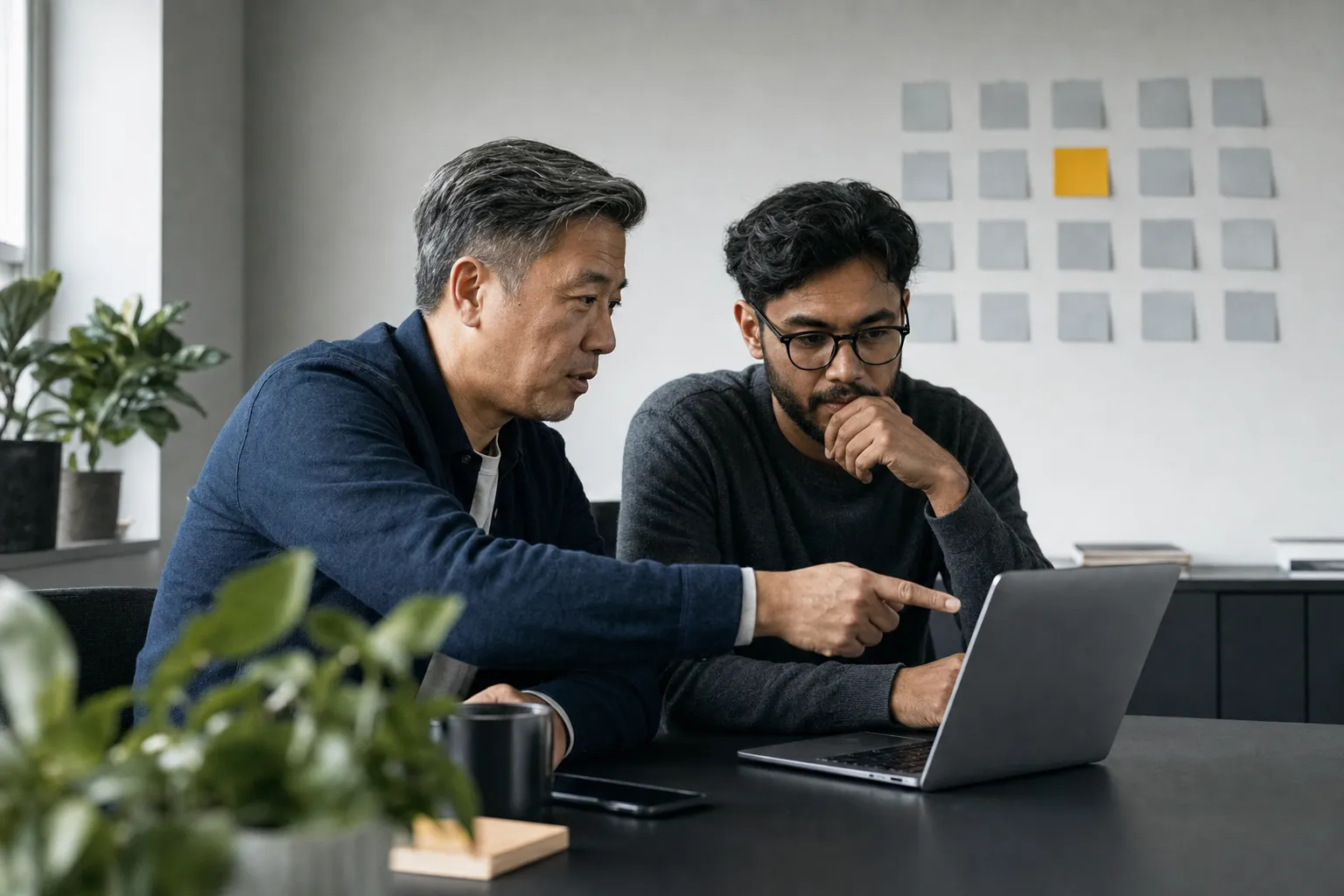 A founder and an engineer at a desk reviewing a list of proposed changes on a laptop, with sticky notes on the wall behind them.